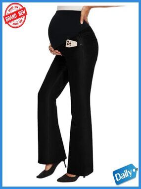 Maternity Bootcut Jeans Over-Belly Stretch Bell Bottom Denim Pants with Pockets
